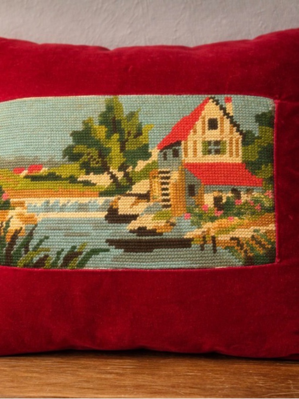 Vintage Red Needlepoint Landscape Pillow